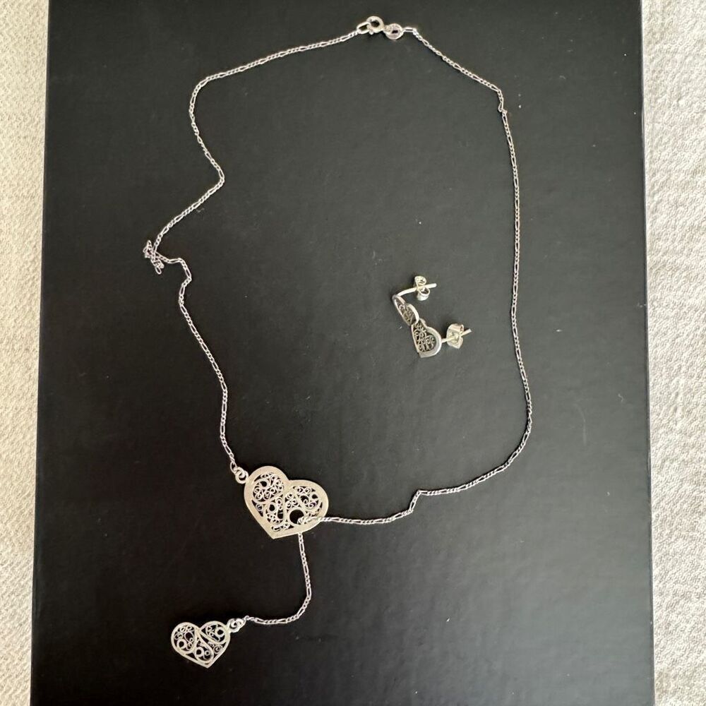 Macedonian Filigree Heart Shaped Necklace and Earrings Set